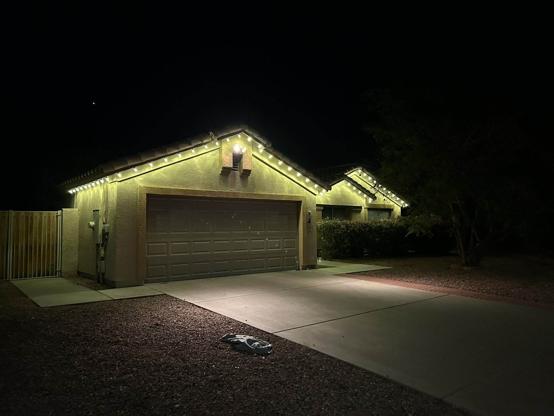 Holiday lighting on single-story house